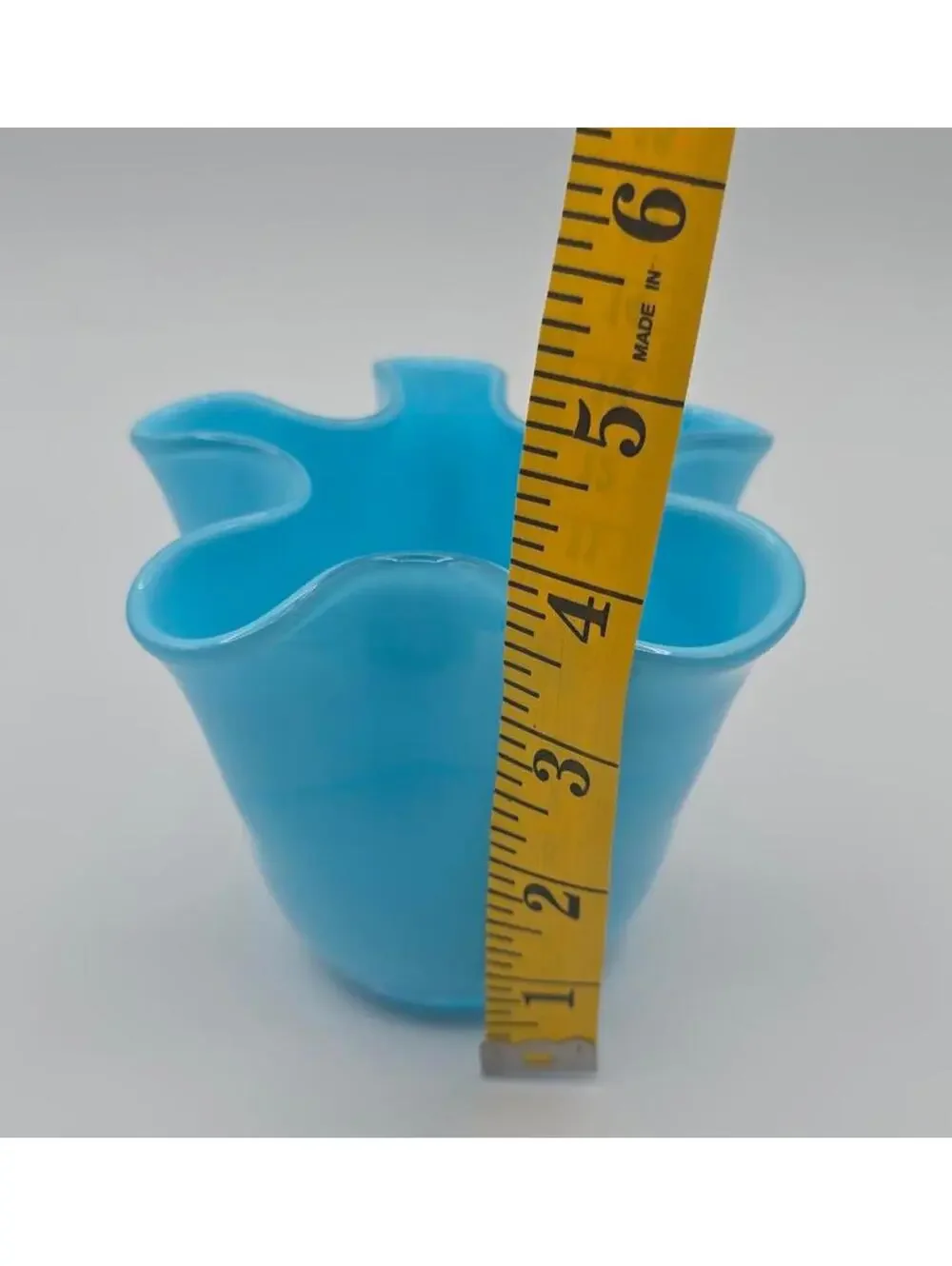 Vintage Fenton Turquoise Blue Opaque Crimped Rim Vase Hand Blown Art Glass 4”